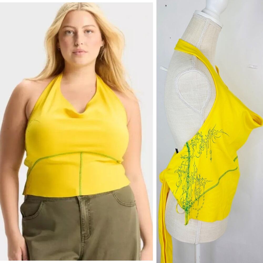 New Wild Fable Halter Top 1X Yellow Tie Back Crop Sleaze 90s Grunge Streetwear